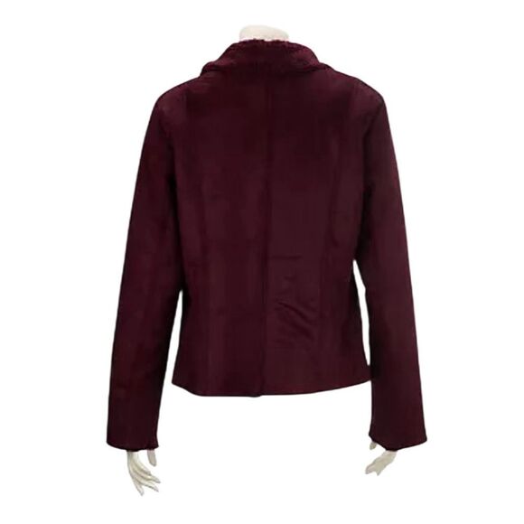 Denim & Co. Woman’s 3X Faux Suede Cascade Front Jacket Deep Wine with Sherpa Lin - Picture 2 of 3